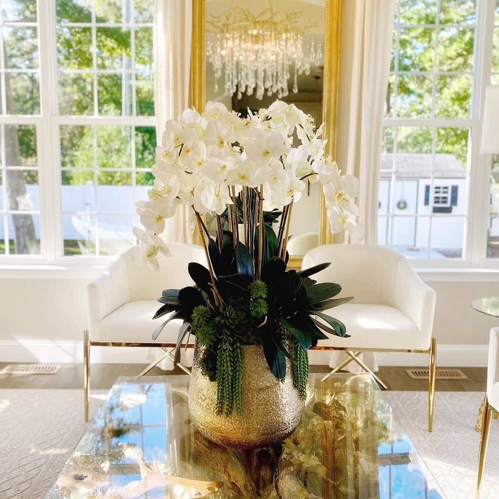Delaney Gold Vase with Multiple Phalaenopsis Orchid Stems and Succulents – The Ever Botanic
