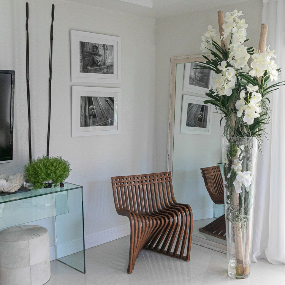 White Vanda Orchids and Driftwood Inside a Large Conical Glass Cylinder – The Ever Botanic