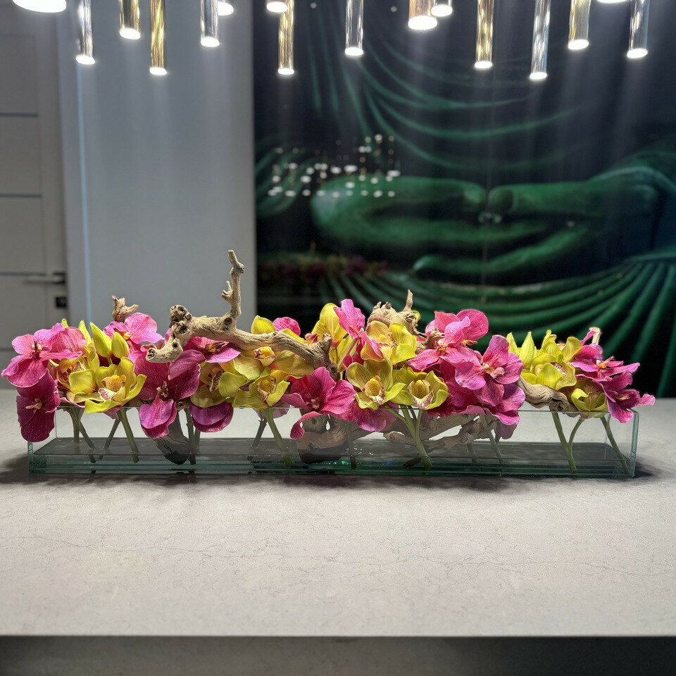 Modern House Glass Vase with Pink Vandas and Green Cymbidiums – The Ever Botanic