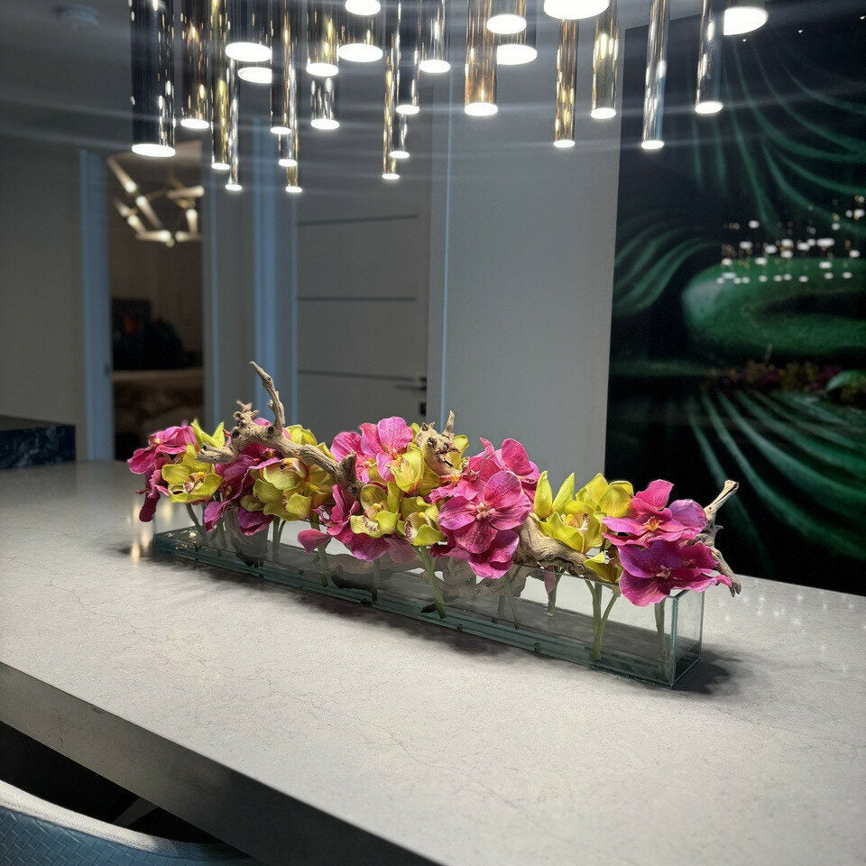 Modern House Glass Vase with Pink Vanda Orchids and Green Cymbidiums – The Ever Botanic