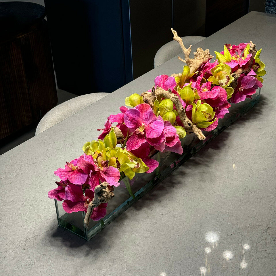 Modern House Glass Vase with Pink Vanda Orchids and Green Cymbidiums – The Ever Botanic