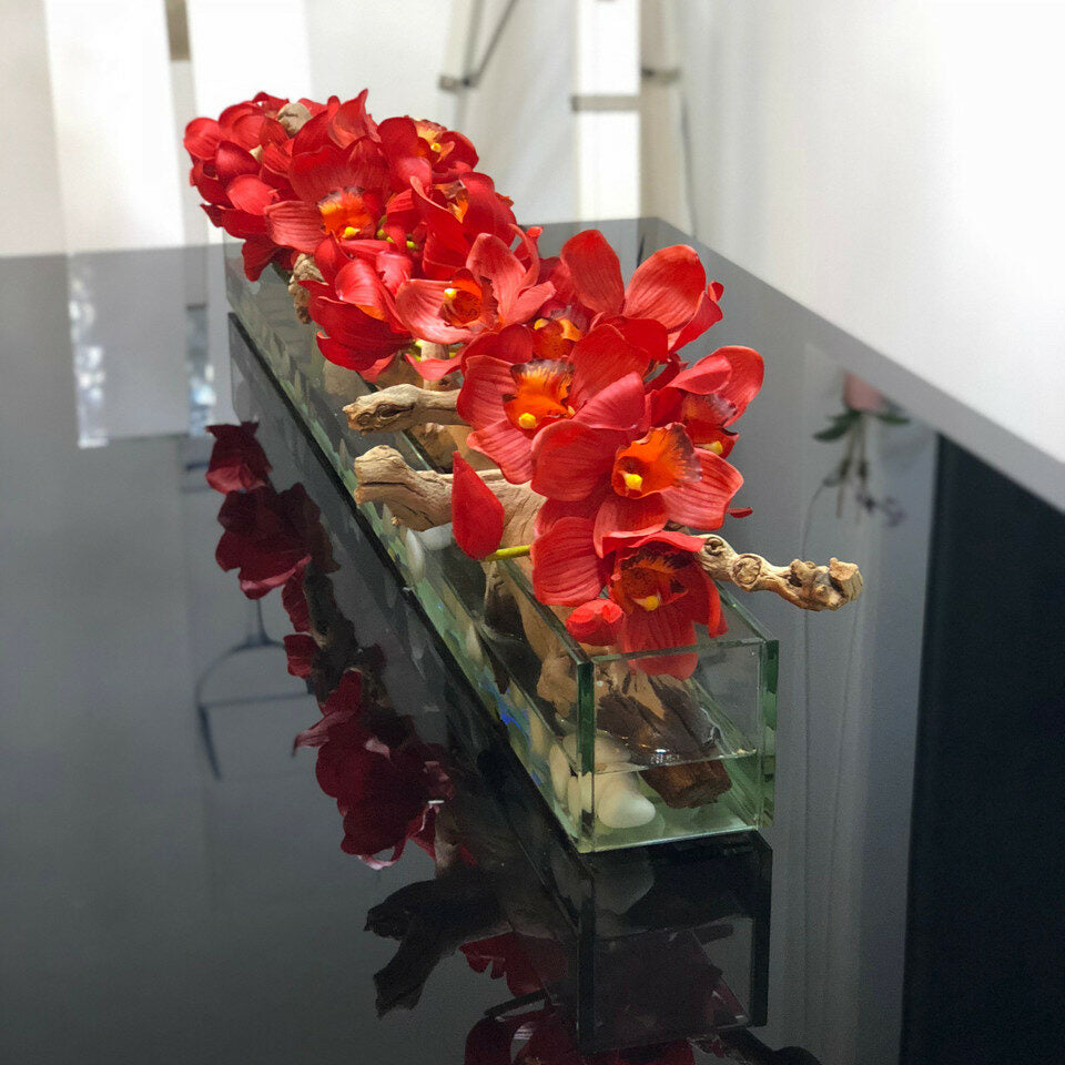 Modern Glass Planter "Modern Home" 122 cm with Red Cymbidiums – The Ever Botanic