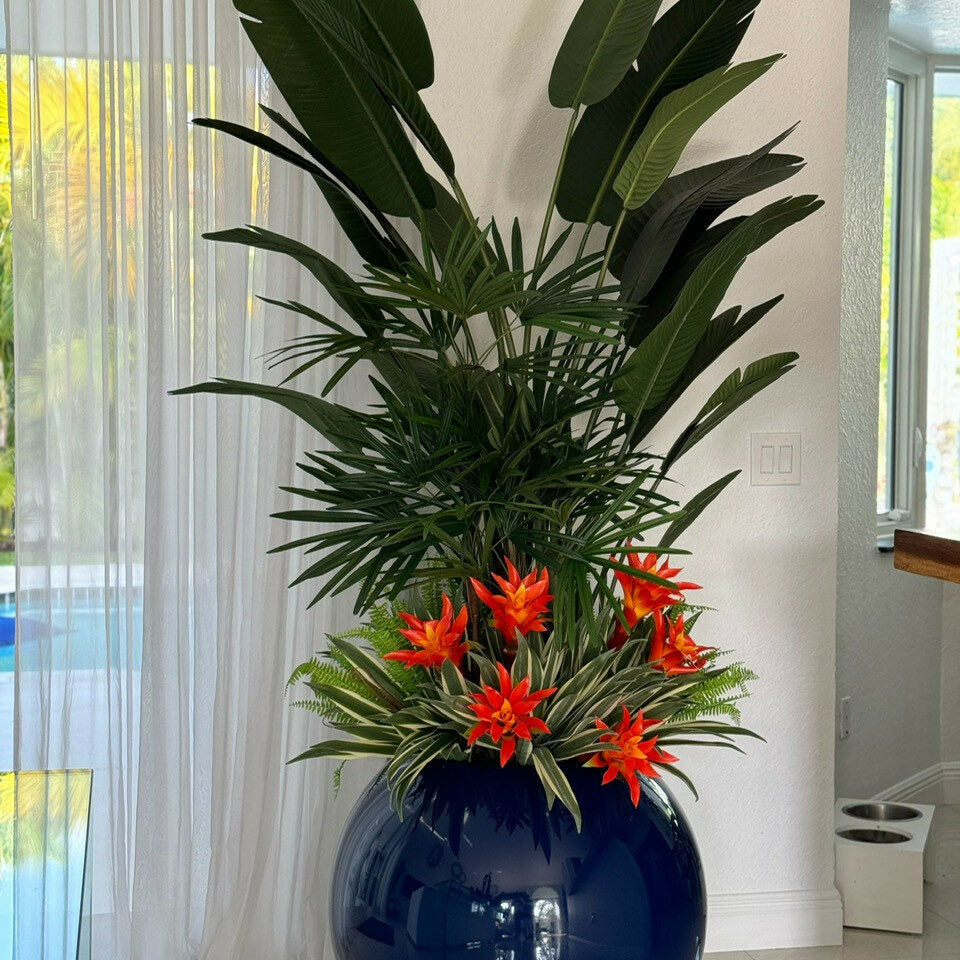 Mix of Tropical Plants in a Cobalt Blue Globe Planter – The Ever Botanic