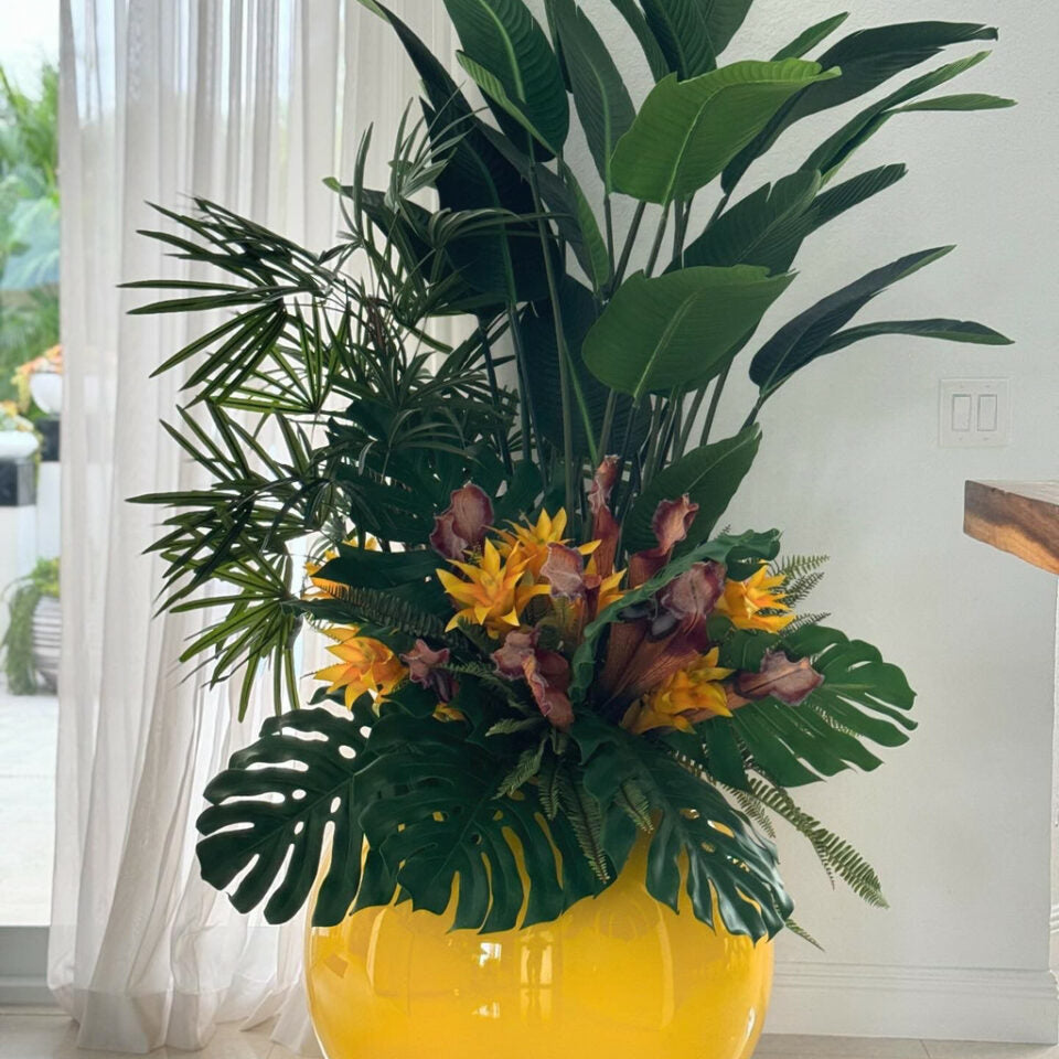 Mix of Tropical Plants in a Yellow Globe Planter – The Ever Botanic